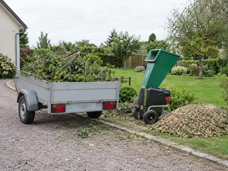 Remorque de branches et broyeur au bord d'une allée, après un abattage